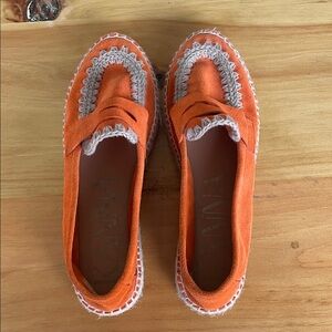 Kanna Orange Suede Flats with Crochet Detail